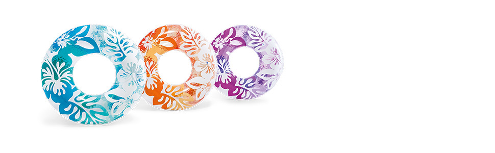 A collection of kids’ pool floats in blue, orange, and purple. Text reads: Single ring float.
