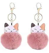Mozff 2Pcs Pink Cute Cat Shape Pom Pom Keychain Plush Ball Car Keychain Pendant Fluffy Keyring Ch...