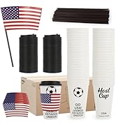 16 oz White Disposable Soccer Party Paper Cups USA (World Host #3) 24 Sets, To-Go Cups with Straw...
