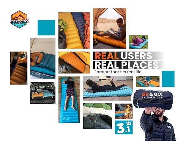 Customer photo collage shows Airlive2000 comfort in real places, plus zippered stuff sack.