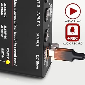 6-Channel Wireless BT Streaming Mini Line Mixer with USB Audio Interface