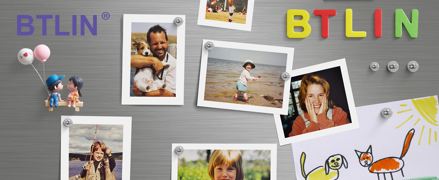 BTLIN branded magnetic photo display board with colorful letter logo, featuring multiple photos arranged on a grey metallic surface.