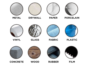 metal drywall paper porcelain vinyl glass fabric plastic concrete wood rubber film
