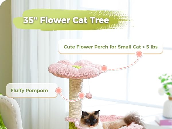 All-in-One Flower Cat Tree Scratching posts, metal hammock, and two-door condo in one cute design.