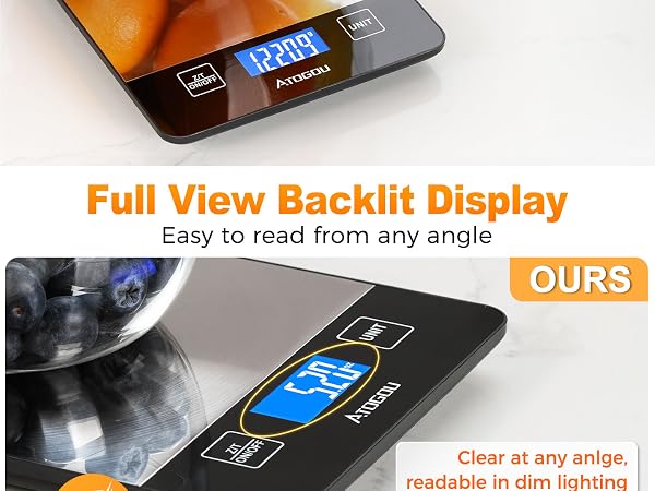 Atogou Food Scale, 33lb/15kg Rechargeable Kitchen Scale with Full-View Backlit LCD Display