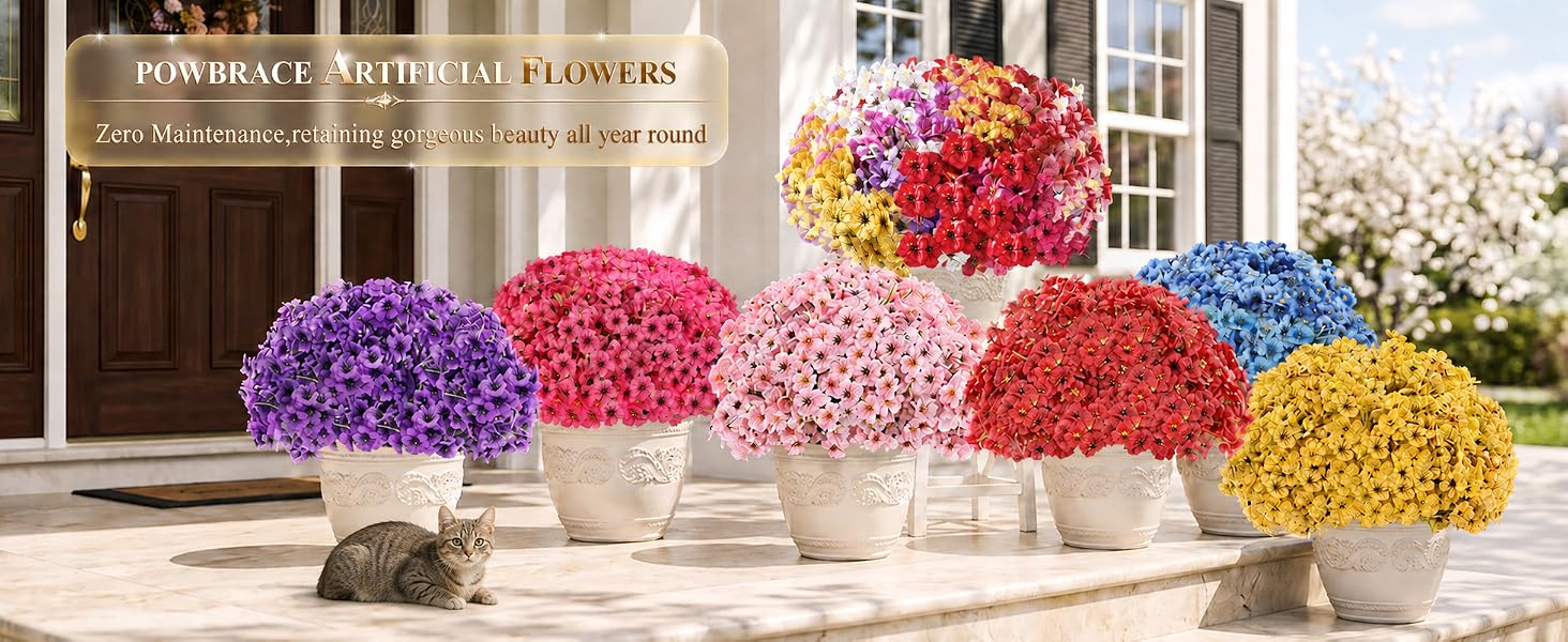 These outdoor artificial flowers are brightly colored and have very realistic shapes.