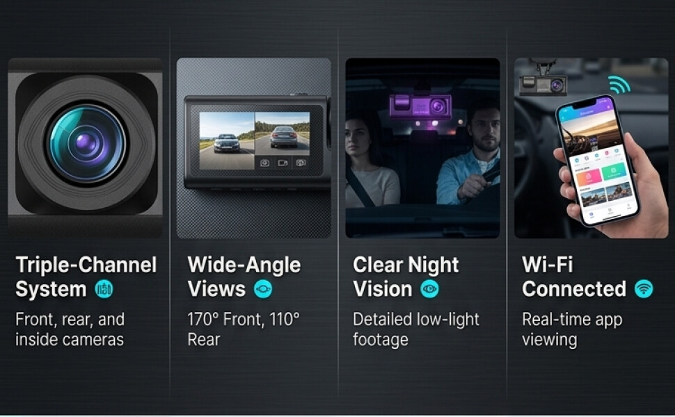 Shkalacar 3 Channel Dash Cam WIFI 3 Cameras
