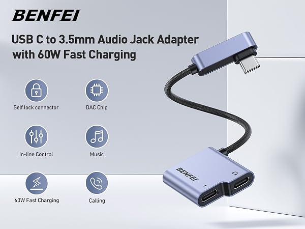 BENFEI USB C Splitter 1 in 2 Out Dual USB C Audio Jack Adapter with 60W Fast Charging