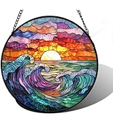 DASTOLL Stained Glass Window Hanging, Clouds and Sea Waves Suncatcher Diamond Glass Panel Hanging...