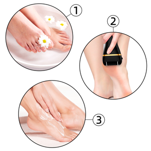 Three circular images showing foot care: toes with daisies, a black scraping tool on skin, and hands applying cream to feet.