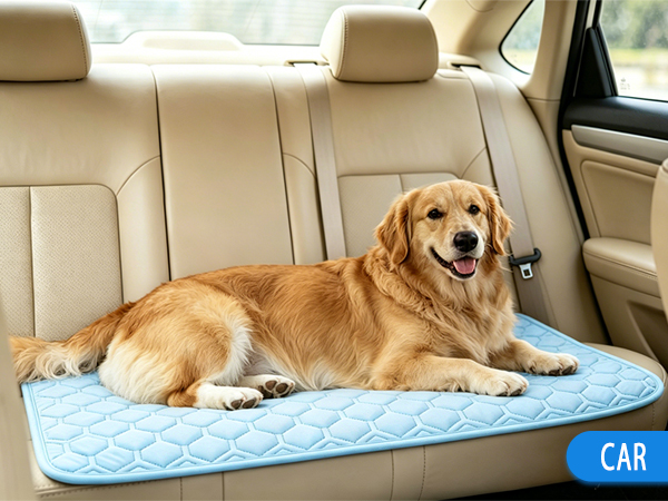 Dog cooling pad features non slip backing to keep steady on sofas and car seats