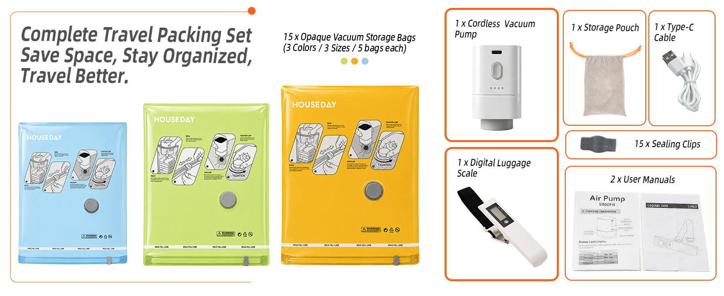 Complete Travel Packing Set Save Space, Stay Organized, Travel Better.Vacuum Storage Bags