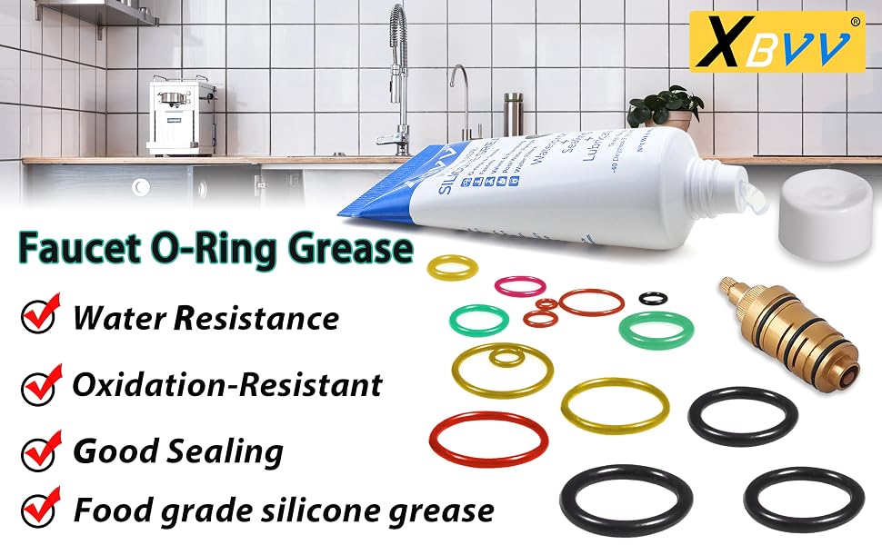 Faucet O-Ring Grease kit with white silicone grease tube, various colored O-rings, and brass faucet component. Product features include water resistance, oxidation resistance, good sealing, and food-grade silicone grease.