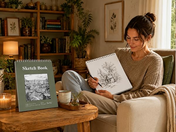 An adult artist draws a pencil landscape in a SuFly spiral sketchbook while relaxing at home.