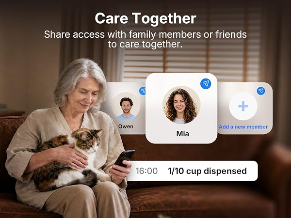 Text reads "Care Together", "Share access with family members or friends to care together.", "Owen", "Mia", "Add a new member", "16:00", "1/10 cup dispensed". Interface showing woman with cat and member avatars for shared pet care access.