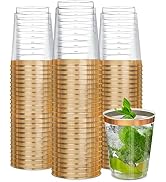50 Pack Gold Plastic Cups For Party - 10 Oz Clear Party Cups Disposable Glasses - Hard Plastic Gl...