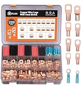 Filluck 220pcs Battery Cable Ends Kit,AWG 2/4/6/8/12 Copper Lugs,Heavy Duty Wire lugs, Ring Termi...