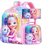 ZLYERT 3Pcs Dog Backpack for Girls, 16" Kids Backpacks with Lunch Box, School Bookbag for Element...