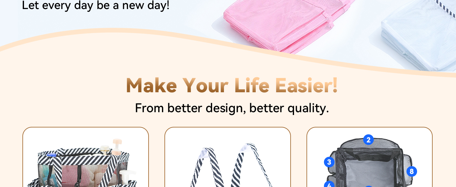 Heavy-duty nylon mesh Waterproof Large drainage hole Double handle Quick dry Key hook 2 tags