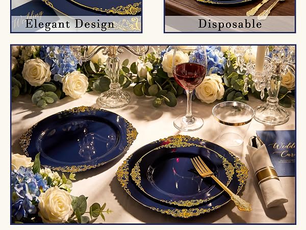 blue and gold plates