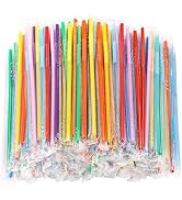 500PCS Flexible Disposable Plastic Drinking Straws, Individual Package 10.2 Inches Colorful Extra...