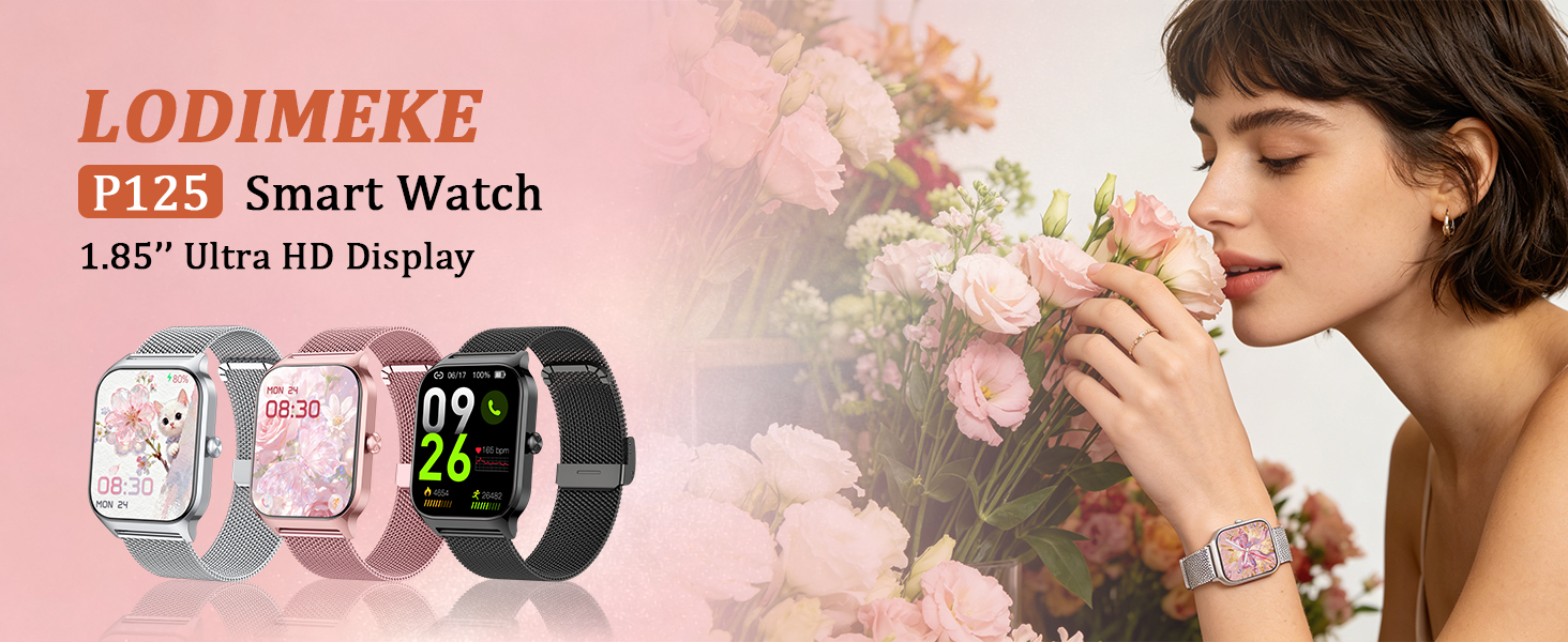 Text reads 'LODIMEKE', 'D13 Smart Watch', '1.85'' Ultra HD Display'. Three smartwatch designs displayed on female model's wrist showing pink, rose gold, and black color options.