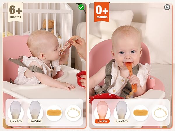 6+ months baby spoon set with two silicone spoons case and safety chain