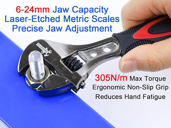 Hand gripping the ergonomic handle demonstrating the 305N/m torque capability.