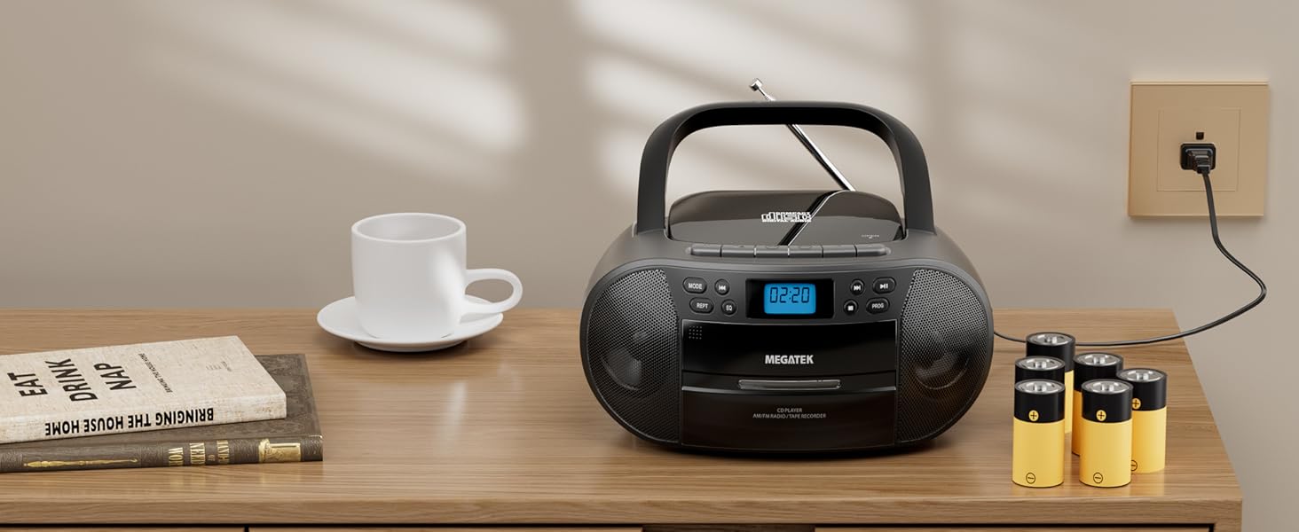 Portable CD Cassette Player Boombox with Dual-Powered
