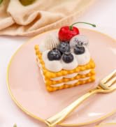 Festiva 200Pcs Pink Gold Cake Plates 6.3" with Plastic Forks 5"- Disposable Salad Plates-Pink Des...