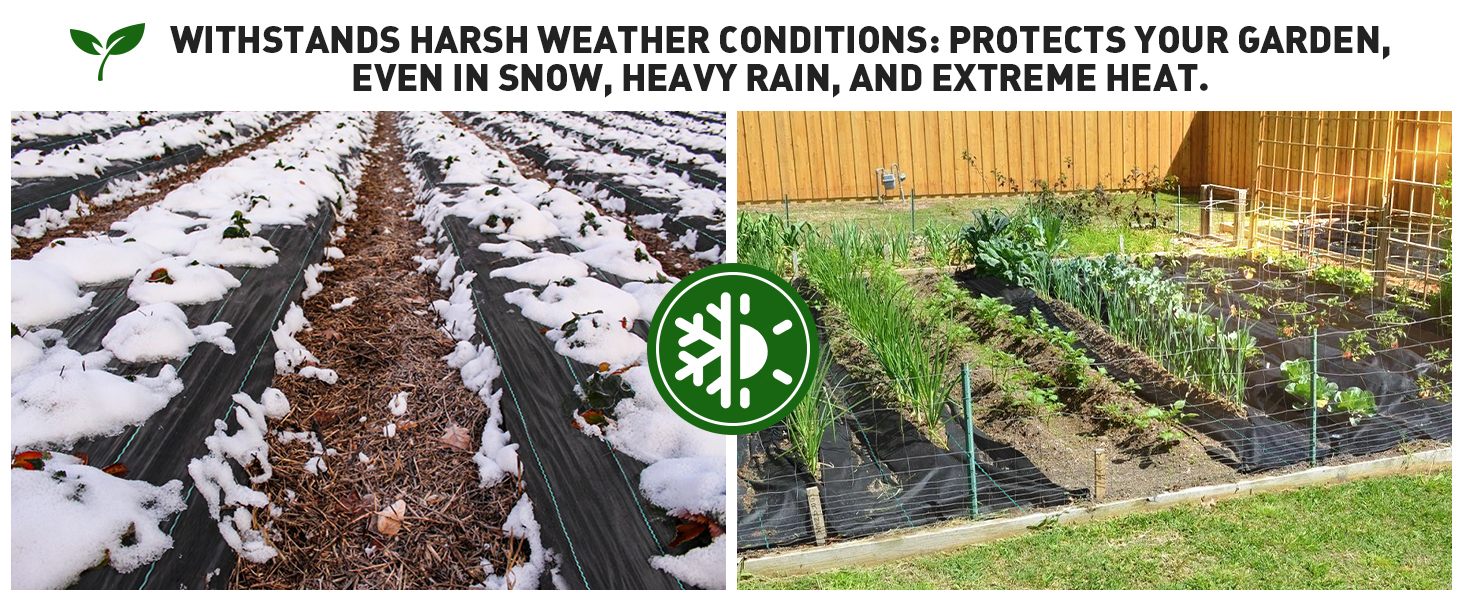 All season weed barrier fabric withstands snow rain heat for year round protection