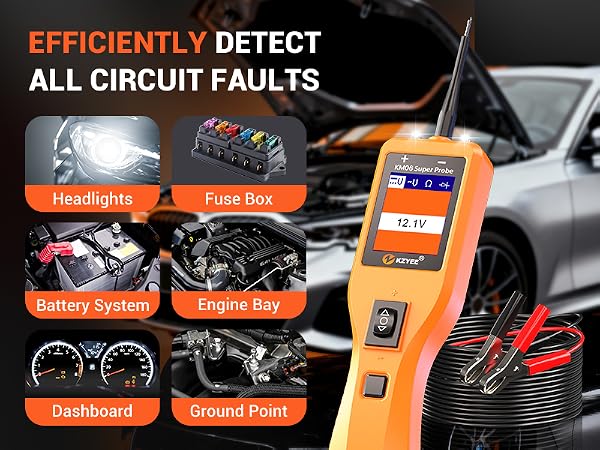 KM06 electrical testing tool diagnosing headlights, fuse boxes, batteries, dashboards and grounds