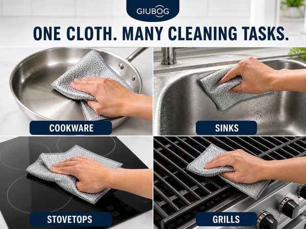Silver-wire cleaning cloth used on cookware, stovetop and sink surfaces.