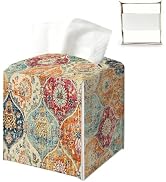 Vintage Orange Boho Tissue Box Cover Square Cube 5.4x5.4x5.3 | Boho Tissue Holder Decorative, Cot...