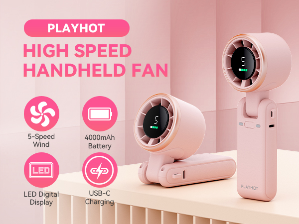 Pink handheld fan rechargeable LED digital display 4000mAh personal fan mini fan USB C charging