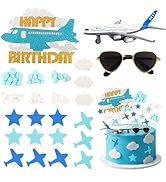 Hooqict 25 Pieces Airplane Cake Topper Decorations with Mini Sunglasses Blue White Cloud Happy Bi...
