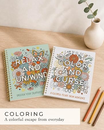 Two floral coloring books with colored pencils, offering a creative everyday escape