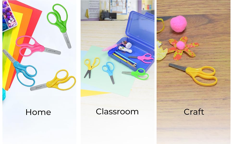 Image of scissors in multiple settings with text reading home classroom craft.