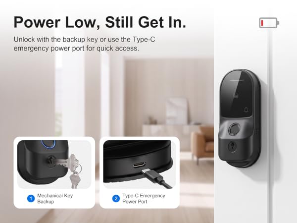 Use the backup key or Type-C emergency power port to unlock when the battery runs low.