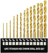 GMTOOLS 13 Pcs Titanium Coated Twist Hex Shank Drill Bit Set, 135 Degree Tip HSS Impact Drill Bit...