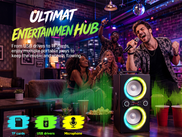 Friends enjoy a karaoke night with an LED party speaker, drinks, and digital audio waves.
