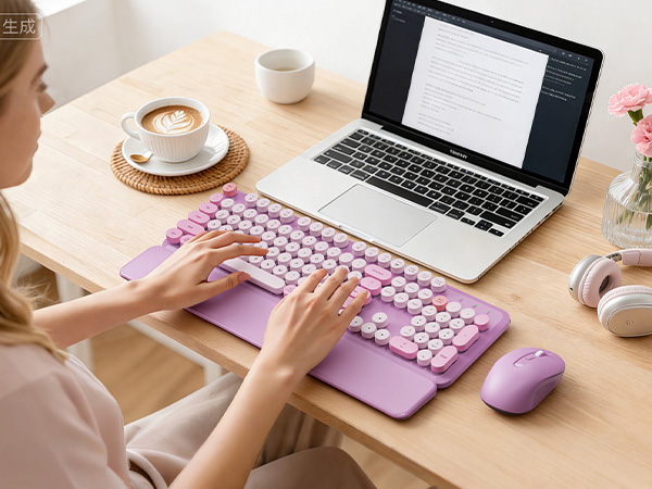 Person using a lavender purple round-keycap wireless keyboard with wrist rest and matching mouse