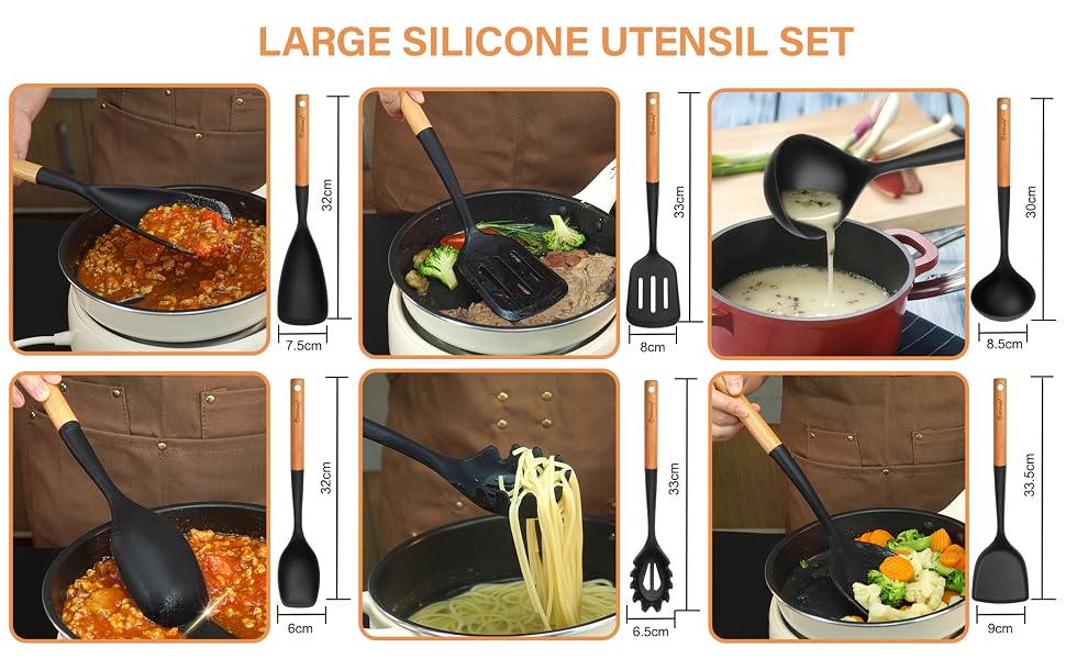 Silicone Cooking Utensils Set with wood handle