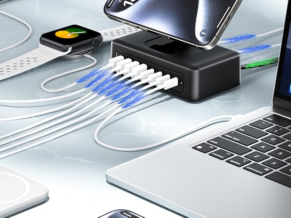 USB Charging Station, USB C Charger Block with 2AC Outlets& Wireless Charger, USB Power Strip