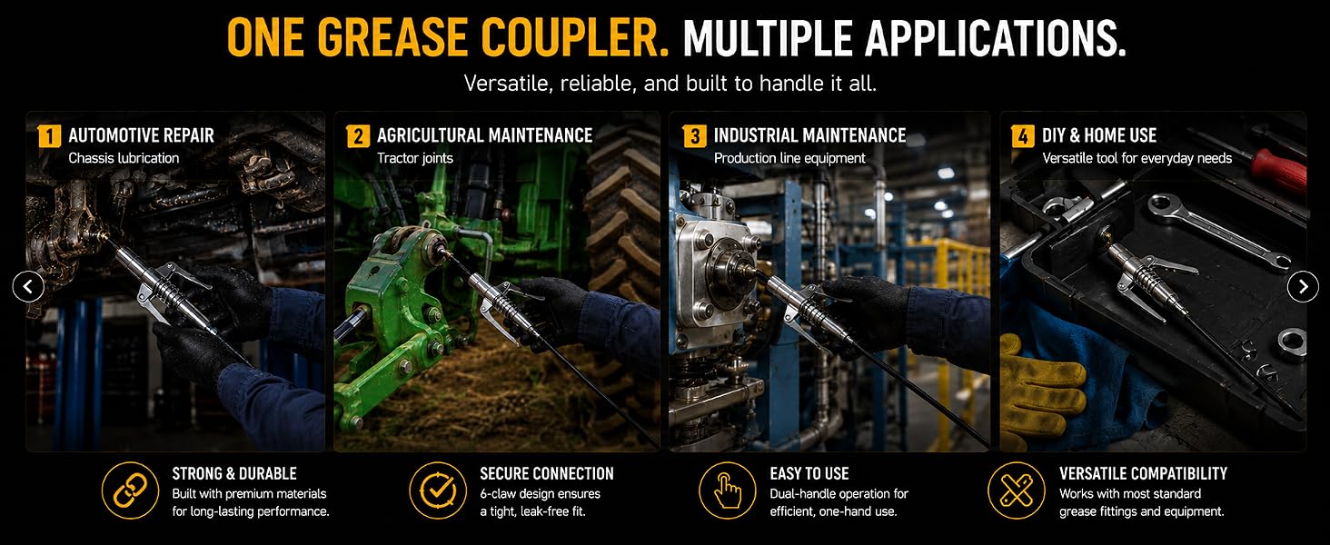 Grease coupler used for automotive, agricultural, industrial, and DIY maintenance tasks.