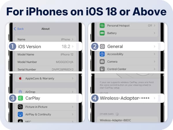 Wireless CarPlay shows iOS setup steps for confirming vehicle connection