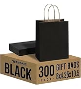 METRONIC 300 Pack Black Paper Bags 8x4.25x10.5 inch,Medium Kraft Craft Gift Bag Bulk with Handles...