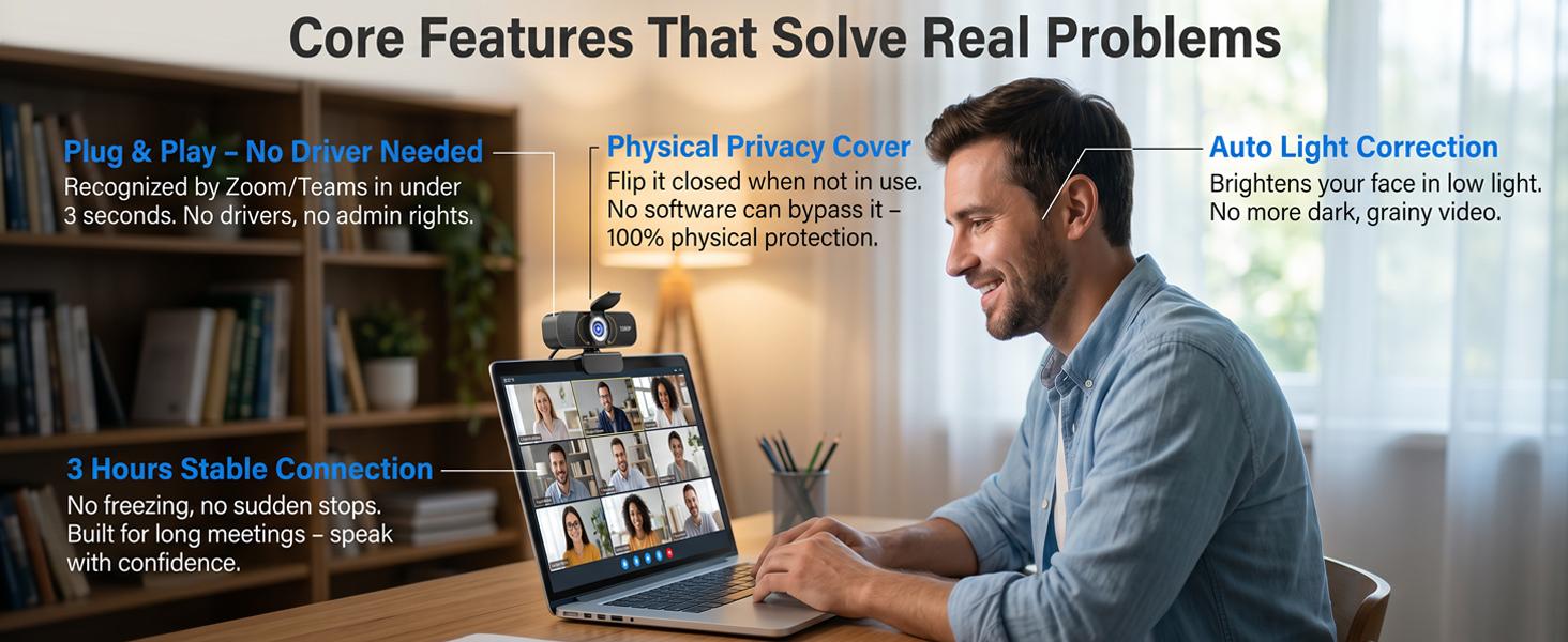 Webcam on laptop, video call. Features: plug & play, privacy cover, 3H stable, auto light.
