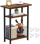 Heybly Small Narrow Side Table for Small Space, Thin Bedside Table with Storage Basket, Skinny En...