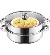 ZENFUN 2 Quart Steamer Pot with Steamer Insert, 2 Tier Stack and Steam Pot Set with Glass Lid, St...